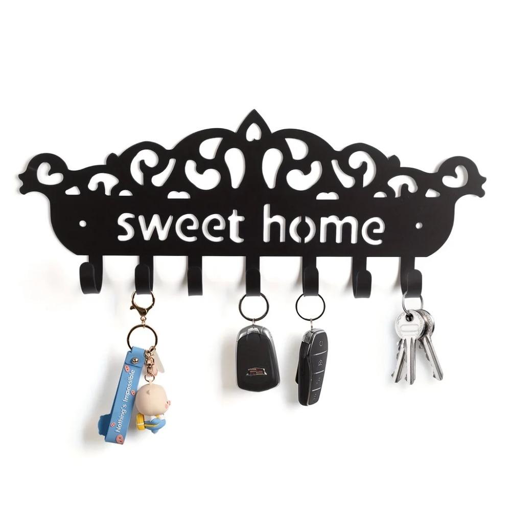 Wall Mounted Key Holder with Black Metal Row Hooks - Ideal for Decorative Wall Key Storage and Organization