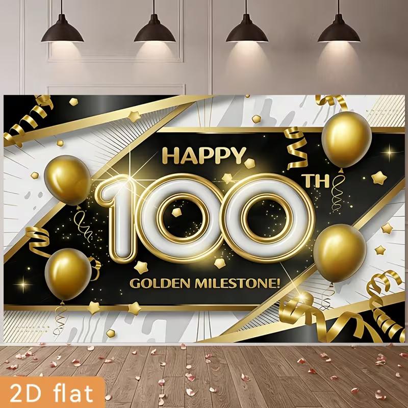 

2D 100th Birthday Photography Backdrop Black Gold Balloon & Ribbon Party Background 47.2x31.5inch/120*80cm