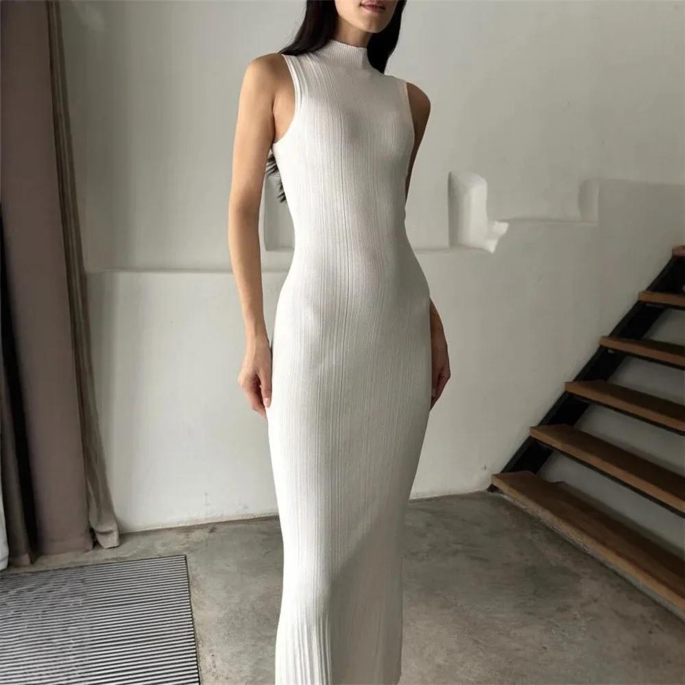 Rochie Midi Tricotată Stil Francez cu Guler Înalt Fără Mâneci Slim Fit Elegantă Primăvară Vară Noutate Rochie Modă Femei