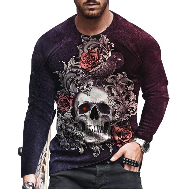 Spring and Autumn Round Neck Skull 3D Printed Top Fashionable Casual Long Sleeved Men's T-shirts