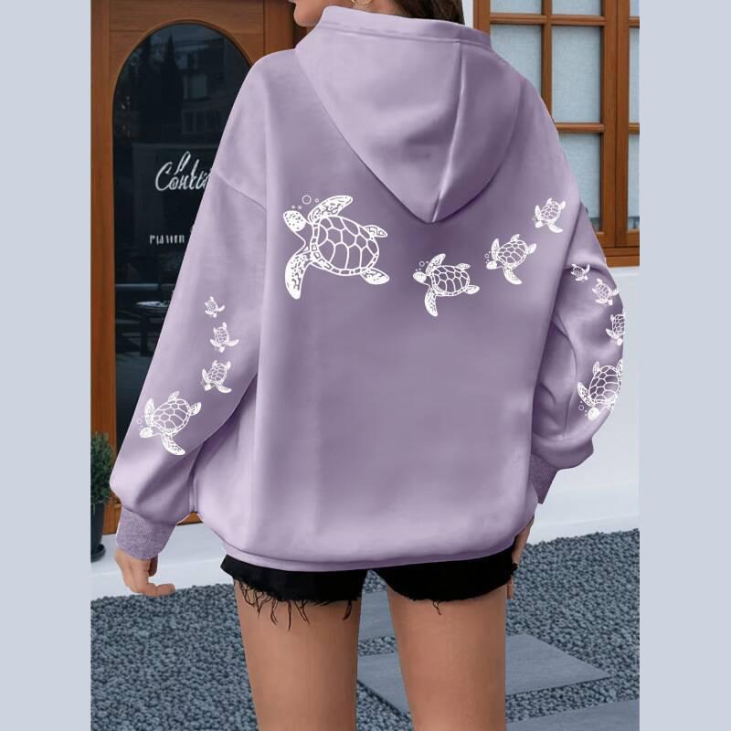 Ladies Spring Autumn Casual Hooded Long Sleeve Big Pocket Sea Turtle Printed Pullover Hoodies Sweatshirt Top