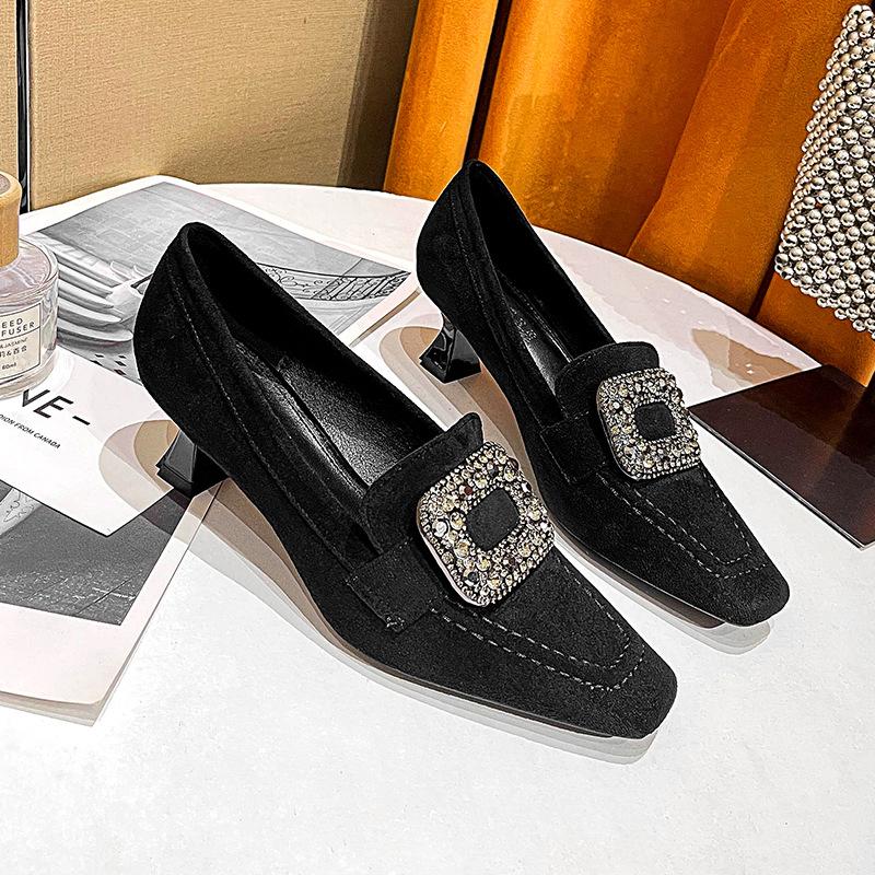 Black High Heels Thin Heel 2025 New Autumn and Winter Rhinestone Square Buckle French Square Head Single Shoes British Style Medium Heel Women's Shoes