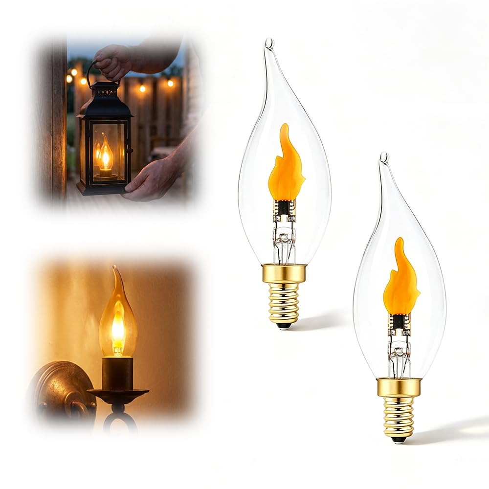 E12 Candelabra Flame Light Bulbs, Realistic Flickering LED Fire Light Bulb, Clear Glass Candle Style Flicker Bulb for Lantern, Chandelier, Halloween