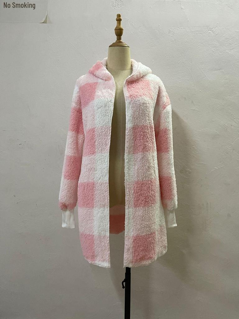 Women's Autumn/Winter Hooded Plaid Plush Cardigan Jacket