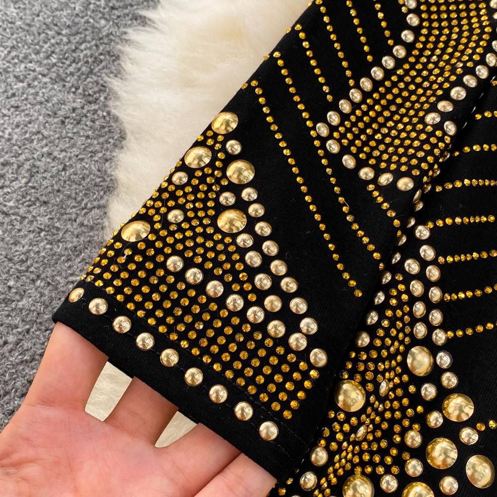 Autumn and Winter European and American Light Luxury Temperament Round Neck and Diamonds Waist and Hip Bottoming Dress