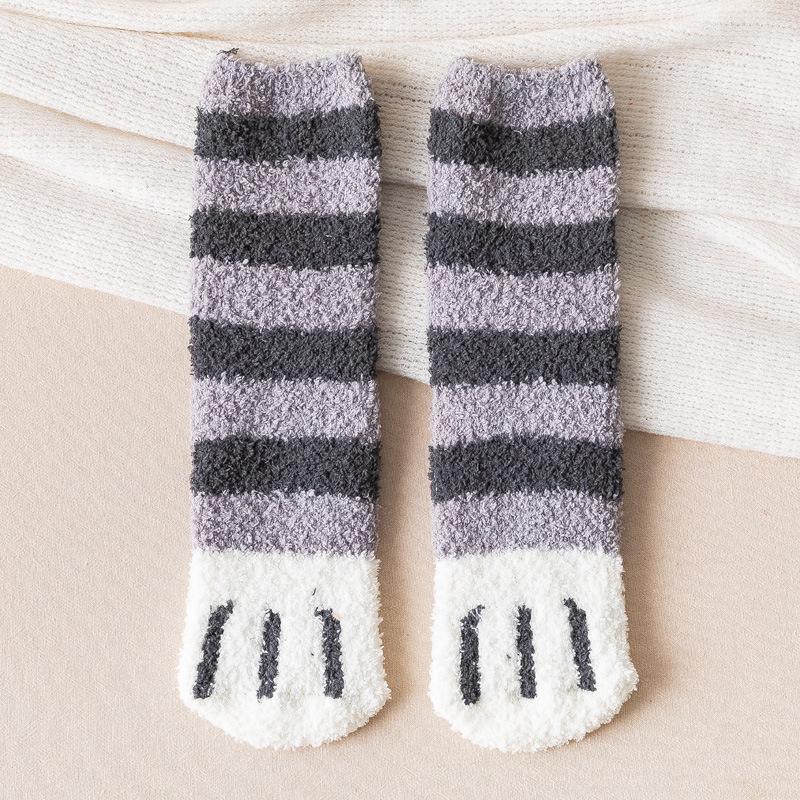 Women's Mid-Calf Coral Fleece Socks: Half-Sided Fleece, Cat Paw Design, Cute & Cozy for Autumn/Winter