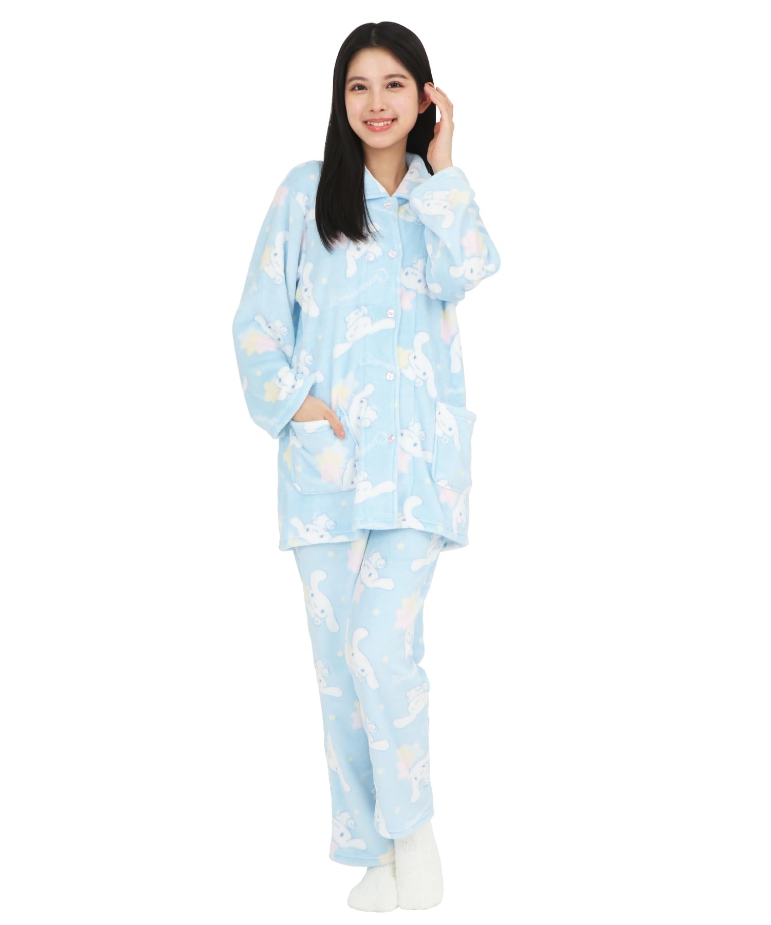 

SAZAC Cinnamoroll Flannel Pajama Long Sleeve and Loungewear Women s Set, Pants, (Sax/M/SAN1868)