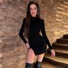 נשים אביב סתיו שרוול ארוך Bodycon צבע מוצק שחור חבילה דקה היפ מיני שמלת בגדי רחוב