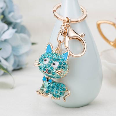 Keychain Pendant 3D Cartoon Cat Design Sparkling Rhinestones Inlaid Key Chain with Lobster Clasp Key Ring Bags Accessories