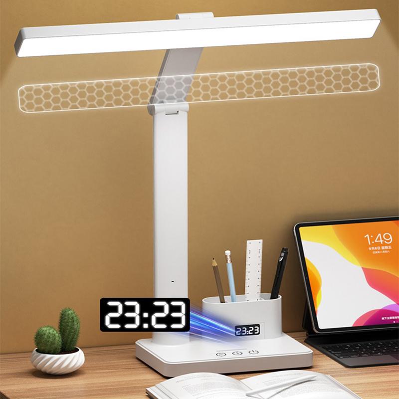 Lampa stołowa z zegarem LED USB z możliwością przyciemniania lampa biurkowa 2 głowice 180 obrót składana ochrona oczu lampka nocna do czytania