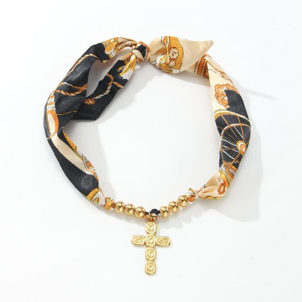 Retro Silk Scarf Print Necklace with Metal Beads and French Knot Clavicle Chain