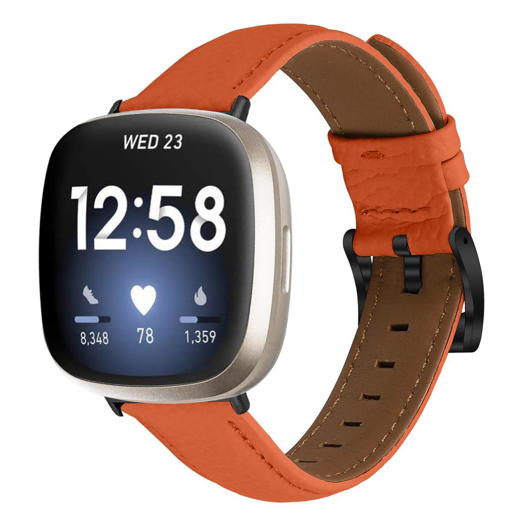 Litchi Textured Genuine Cow Leather Strap with Electroplated Buckle for Fitbit Versa 3/Sense Pointed-End Watch Band