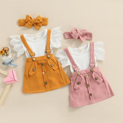 Toddler Girls Summer Clothes Flying Sleeve Ribbed Romper and Solid Color Suspender Skirt with Headband 3Pcs Outfits