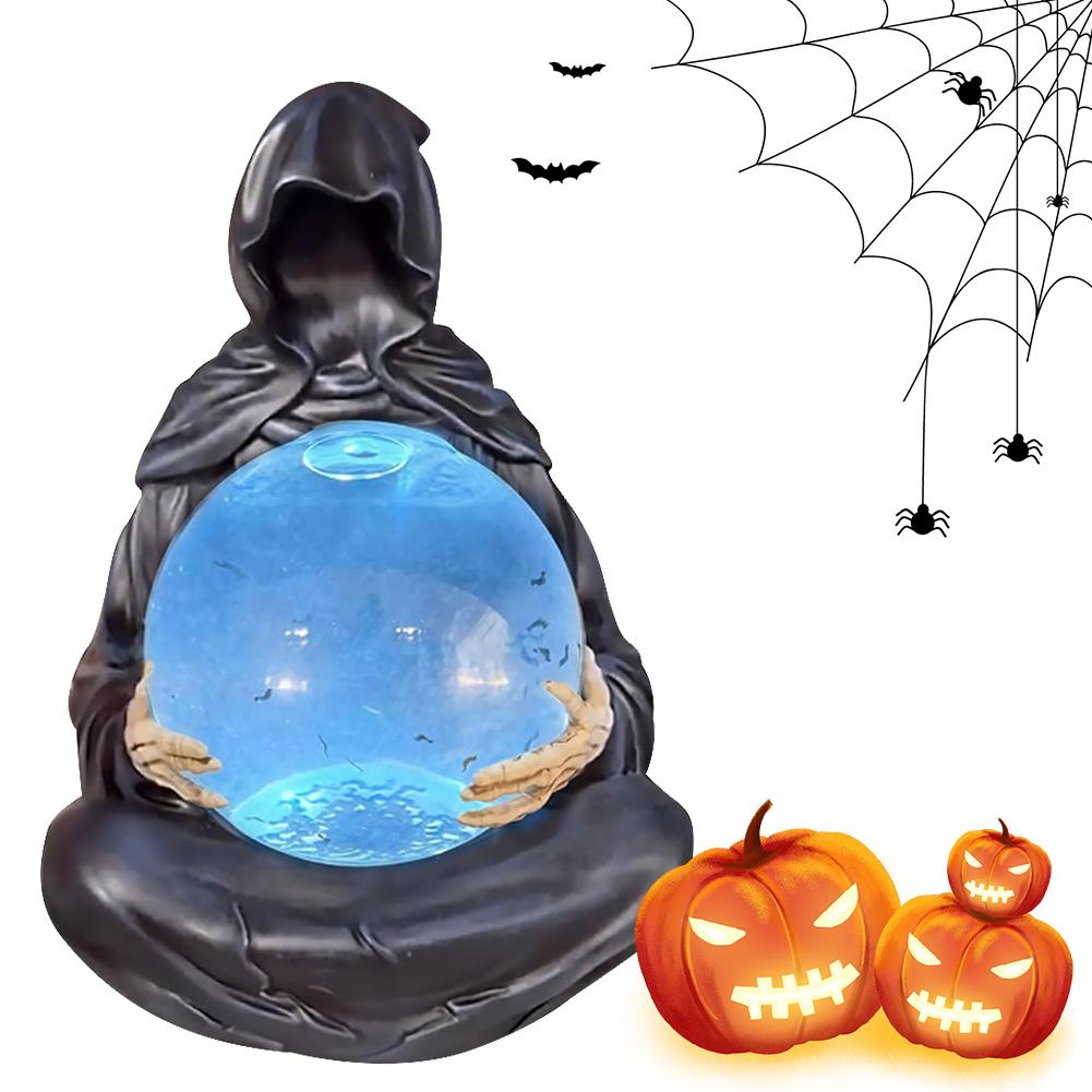 2025 Halloween Grim Reaper Figurine with Light Up Ball Grim Reaper Statue with Flying Bats for Bookshelf Halloween Statue Decor