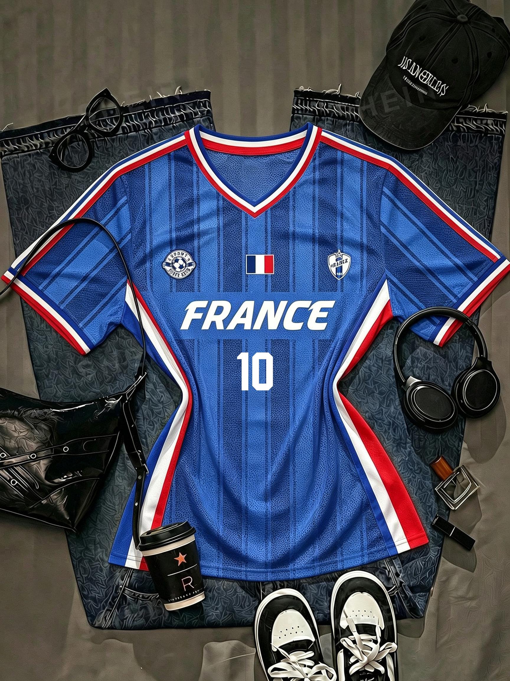 V-Neck France National Number 10 Football Team Jersey, Contrast Collar And Cuff Stripes, 2026 Football Sports Match Day Football Street Style Top XXS