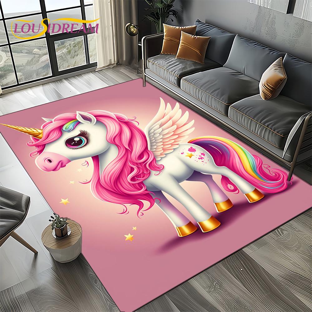 Unicorn Cartoon Cute 3D Dream Girl Carpet Rug for Living Room Bedroom Home Sofa Decoration,Kid Area Rug Non-slip Floor Mat Gift