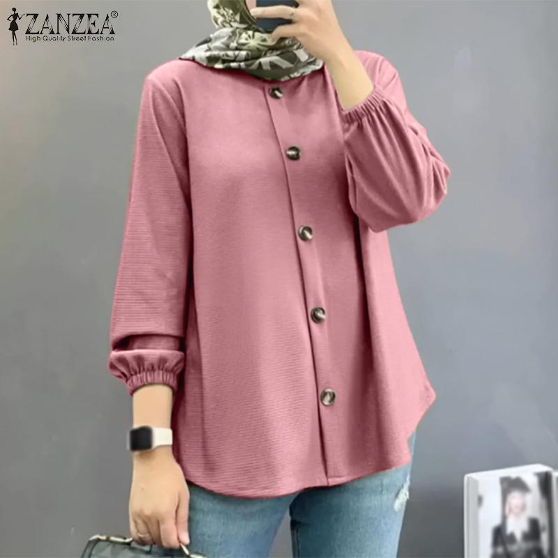 

ZANZEA Женская повседневная однотонная свободная блузка с круглым вырезом и длинными рукавами