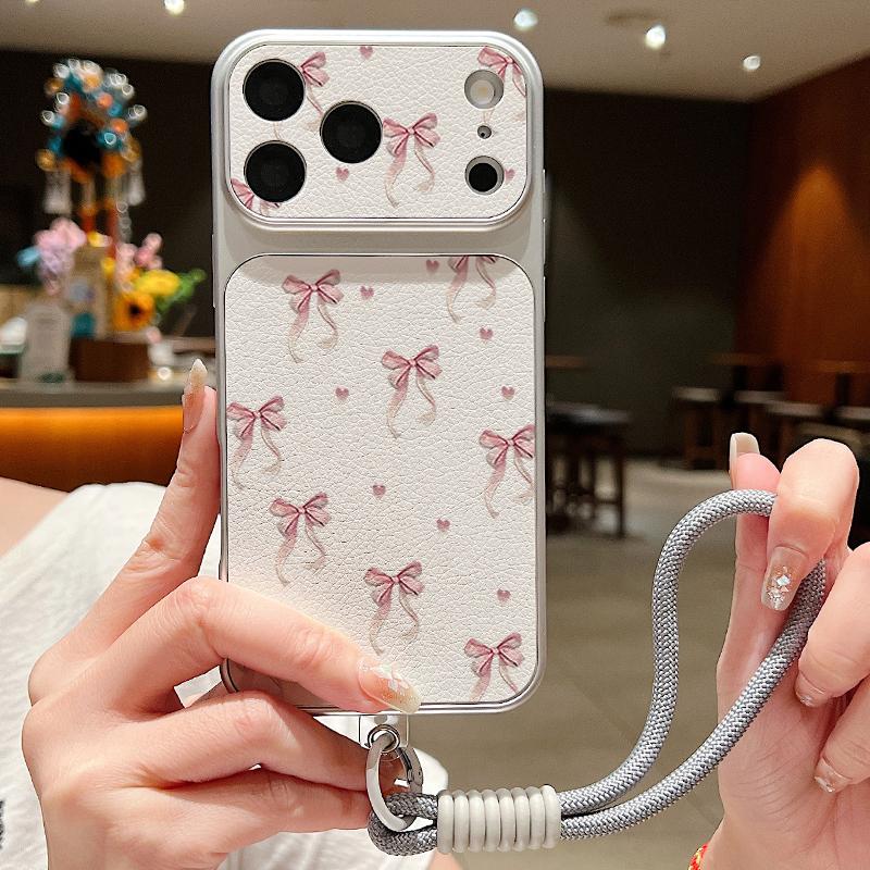 Pink Bowknots Floral Leather Lanyard Case For iPhone 18 Pro Max 17 16 15 14 13 Pro Max Luxury Hybrid TPU+PU Anti-skid Soft Phone Cover