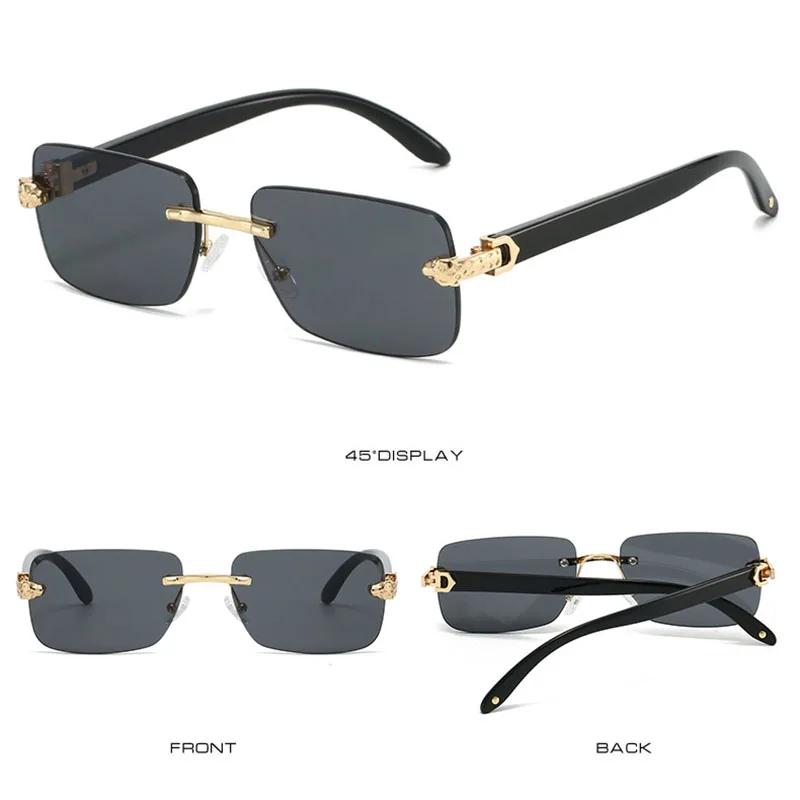 Rimless Square Sunglasses Women For Men Vintage Sun Glasses Punk Leopard Head Luxury Brand Designer Wooden Grain Shades Uv400
