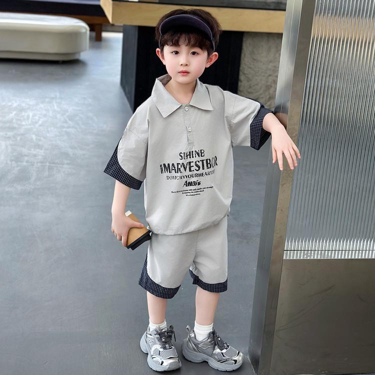 Boys' Trendy Summer Polo Collar Cotton Patchwork Two-Piece Set: Stylish Short Sleeve Shirt & Shorts