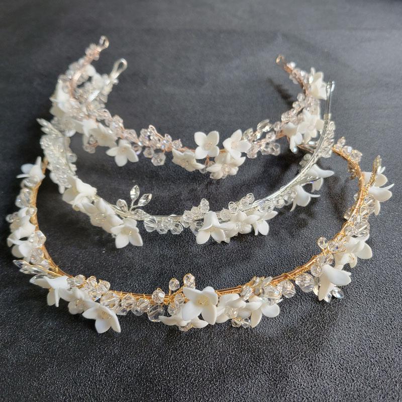 SLBRIDAL Handmade Ins Style Luxury Rhinestone Crystal Porcelain Flower Bridal Tiara Wedding Bridesmaids Crown Women Hair Jewelry