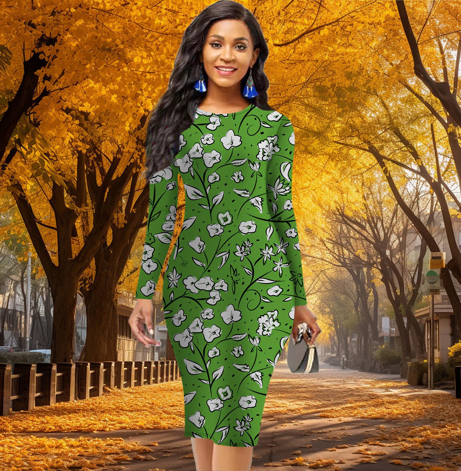 

Длинный рукав, облегающее офисное платье с цветочным принтом из капка, элегантное облегающее платье 6XL зелёный