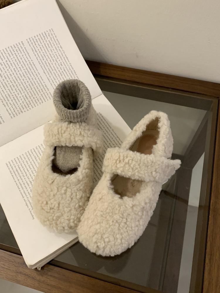 Lamb Wool Round Head Mary Jane Plush Wool Shoes Women Wear Flat Cotton Single Shoes In Winter