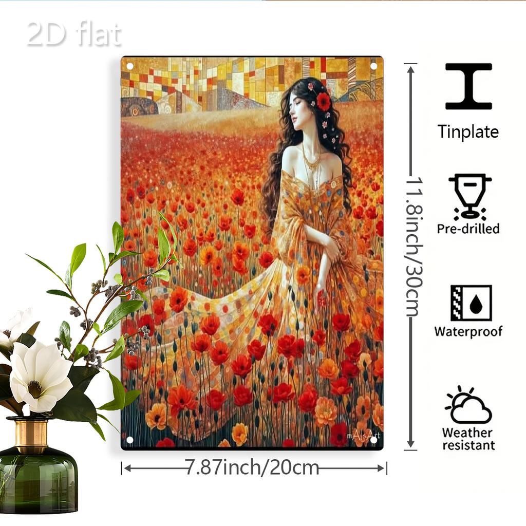 2D Flat, 1pc Floral Field Woman Wall Art - Tinplate Metal Sign Painting, 20.32x30.48 cm Indoor/Outdoor Hanging Decor, Vibrant Re