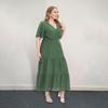 Robe Femme Grande Taille Col V Manches Courtes Volants Empiècement Ourlet Fluide Robe Midi Imprimé Pois Robe Formelle Tenue Quotidienne