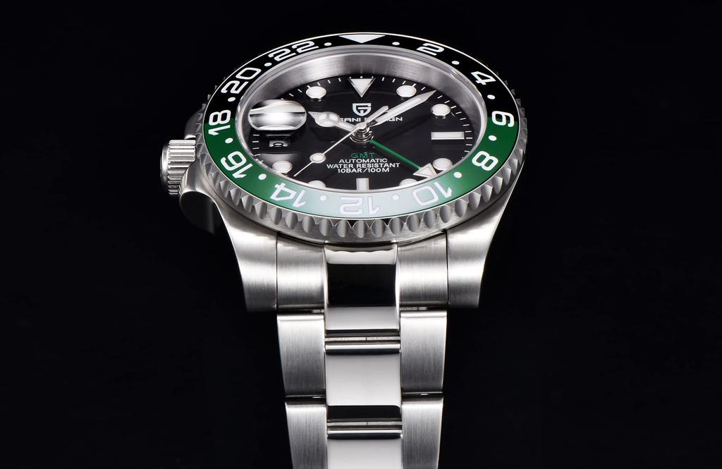 Pagani Design Ceas GMT Bobinaj automat de mână Fabricat în Japonia Mișcare Scafandri Carcasă mecanică inclusă Lunetă ceramică rezistentă la apă Rochie de lucru pentru afaceri