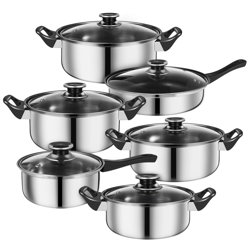 12 Pcs Pans Stainless Steel Pot 12-piece Set Black Handle Milk Soup Frying (black Non-stick) Pots Oven Cookware Saucepan