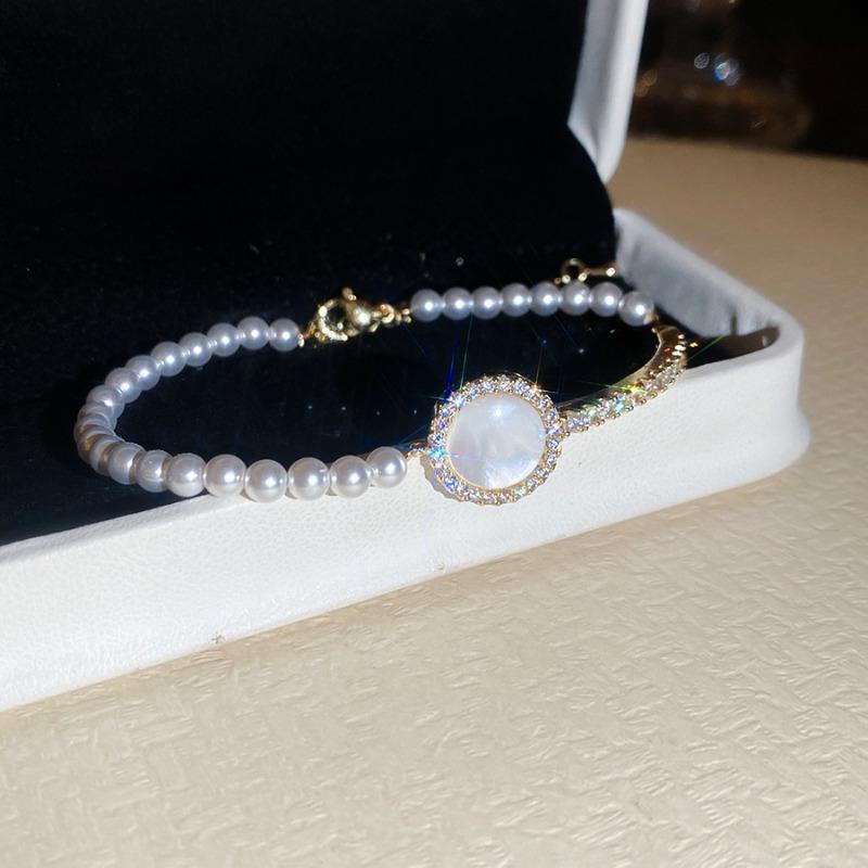 French retro zircon shell round pearl beaded bracelet sweet style versatile bracelet niche design jewelry