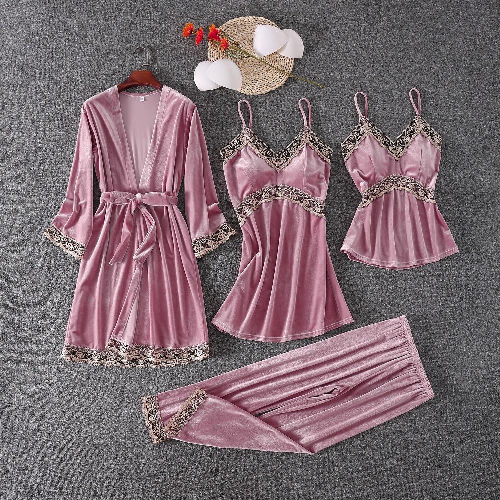 1011 Golden Velvet Pajamas Homewear Four-piece Set, Suspender Pajamas Sexy Ladies Pajamas Autumn and Winter Warm Pajamas