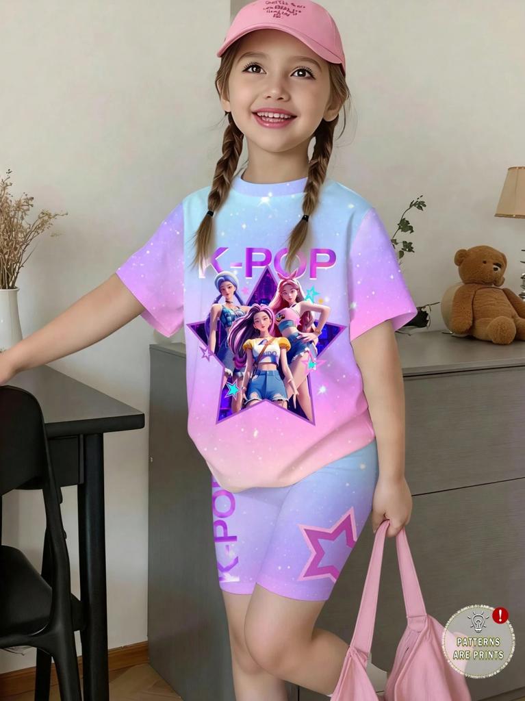 Lässige Kpop Beliebte Cartoon-Print Sommerkleidung für Mädchen Rundhals Kurzarm und Shorts Tägliche Kleidung Kinderkleidung Mädchen