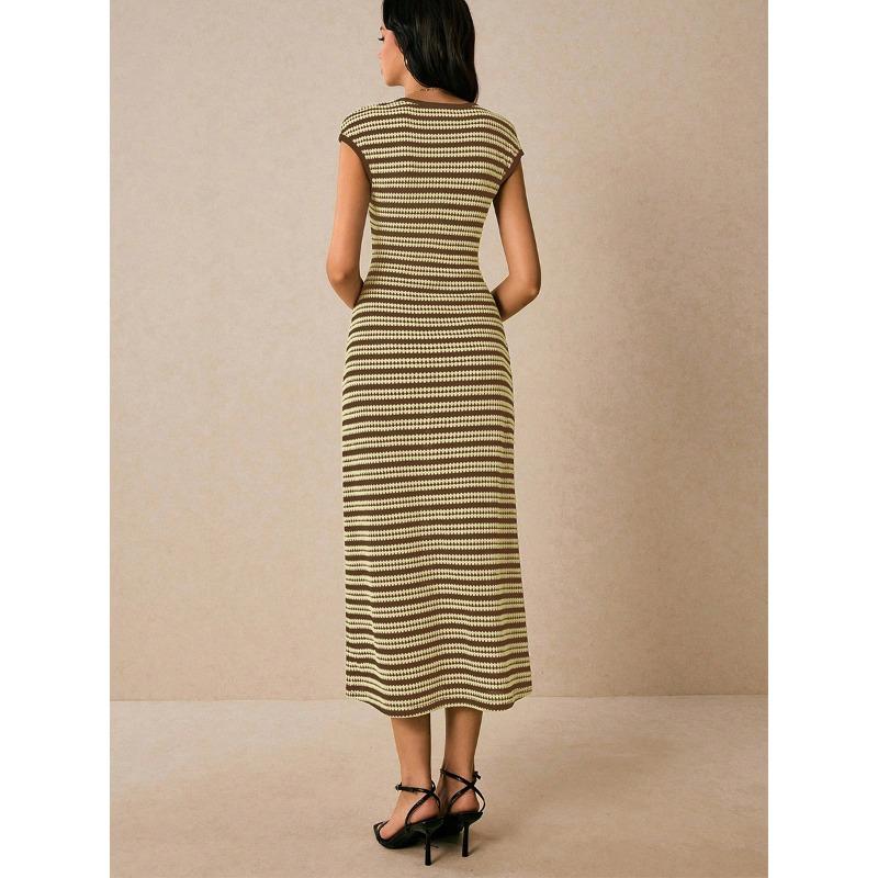 Striped Knitted Dress Sleeveless Slim One-step Skirt Medium and Long Women's Clothing