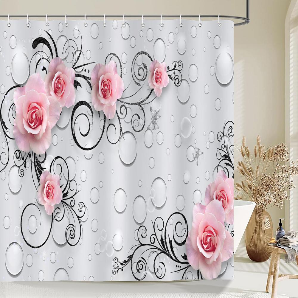 Beautiful Flower Butterfly Art Fabric Shower Curtain,Rose Decor Bathroom Shower Curtains with Hooks,Waterproof Bathroom Curtains
