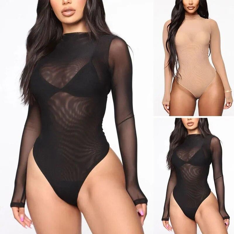 Kadınlar Seksi Uzun Kollu Tulumlar See-Through Örgü Dantel Lingerie Düz Renk Moda Kadın Balıkçı Yaka Bodysuit