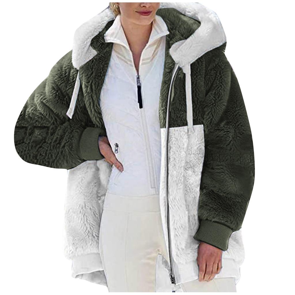 Lässige, einfarbige, lockere Plüsch-Kapuzenjacke mit Reißverschluss für Damen und Taschen