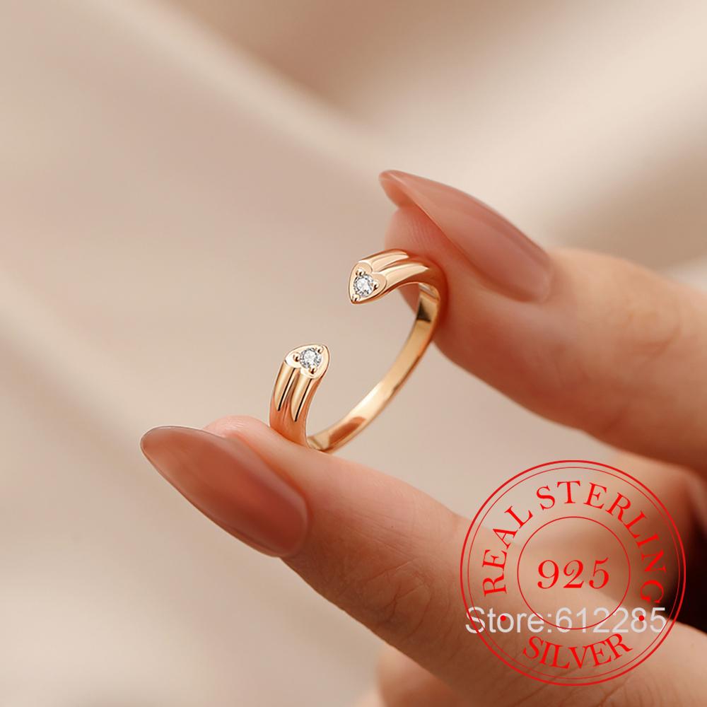 

925 Sterling Silver Jewelry 18K Gold Plated Crystal Heart Finger Rings for Women Wedding Party Jewelry For Girls Friend Gift resizable