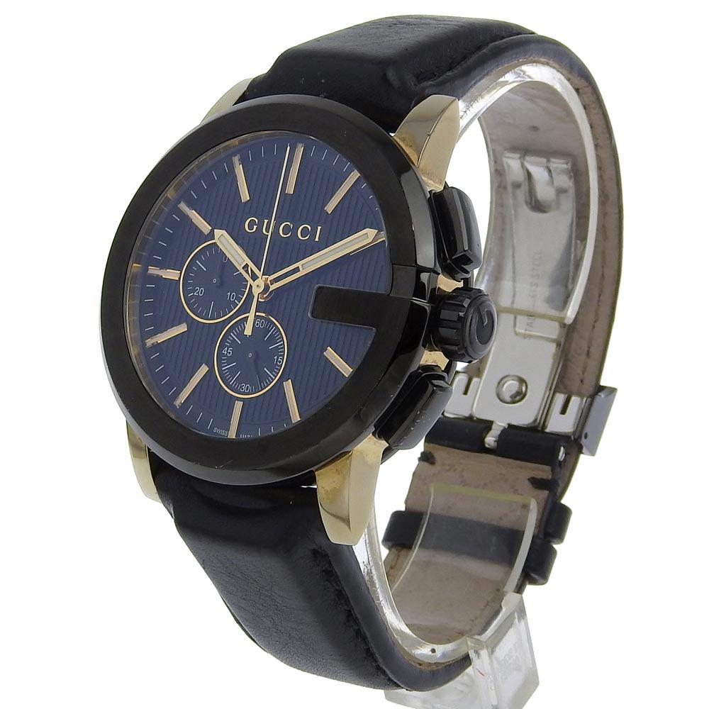 Gucci G Chrono Watches 101.2 blackDial Stainless Steel/Embossed Leather Quartz Chronograph Mens Used