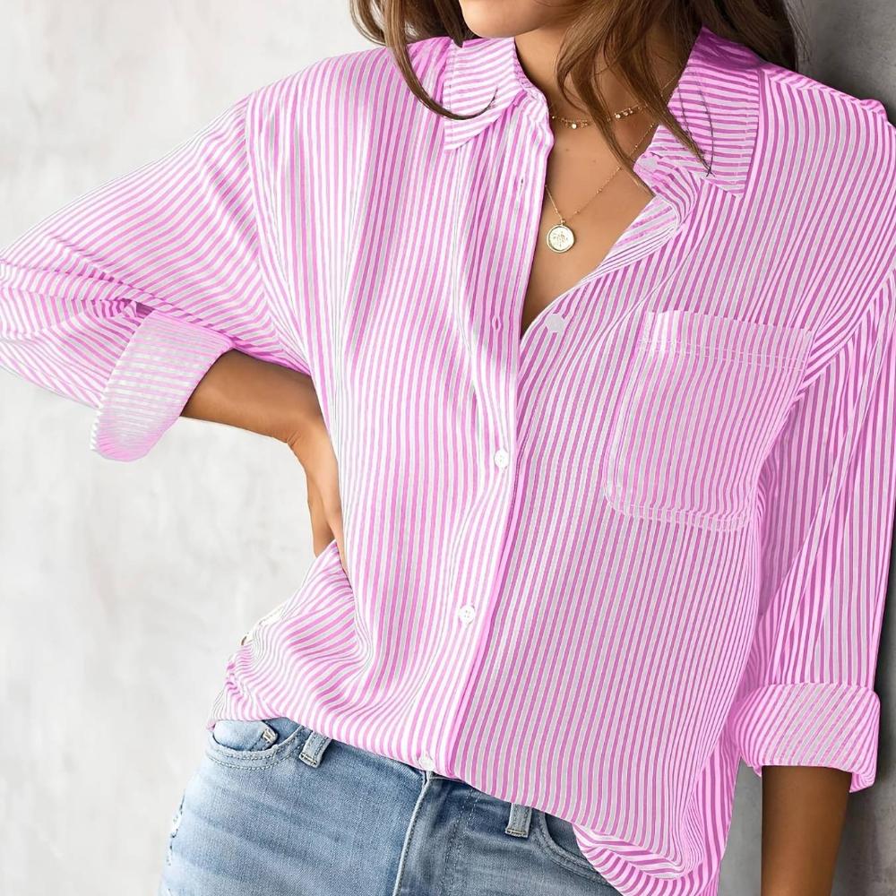 

women s Loose Striped Turn Down Collar Blouse Casual Long Sleeve Shirt Pocket Decor Commute Wear Tops 2XL рожевий