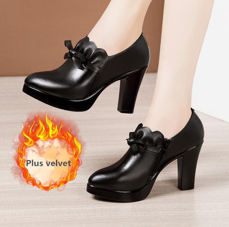 Deep Mouth Pointed Toe Leather Shoes Women Pumps 2025Spring Autumn Black High Heels Office Shoes Ankle Boot Plus size 32-43