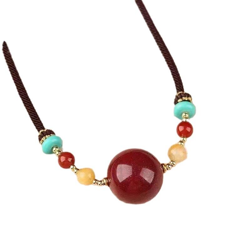Imitation Natural Purple Gold Sand Cinnabar Beaded Pendant Necklace Women'S Handwoven Guochao Couple Collarbone Chain Gift