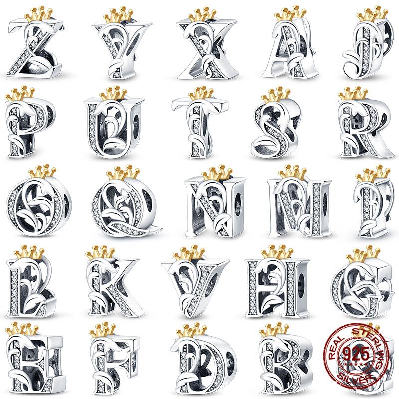 Crown Gold 100% 925 Silver 26 Letters Beads Fit 925 Original Bracelet DIY Jewelry Making Women Gift