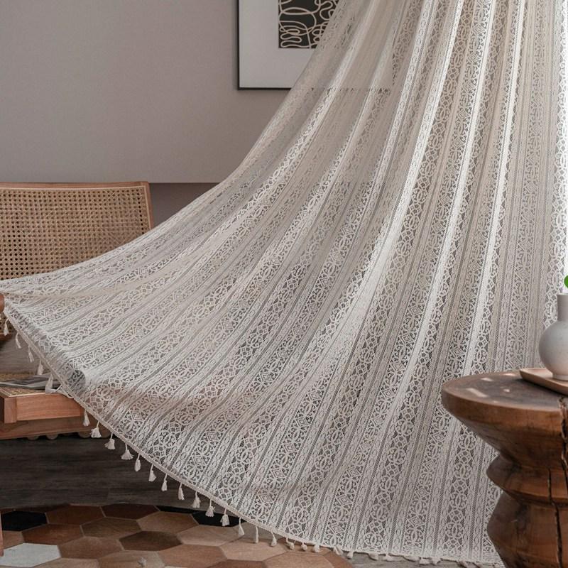 

American Style Rural Beige Tassel Crochet Openwork Transparent Curtain Living Room Balcony Bedroom Window Kitchen Drapes W150 x H160cm&Threading Rod