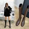 Fashion Vintage Warm Plush Women Knee High Boots Fashion Belt Buckle Shoes Autumn Winter Pointed Low Heel Women's Knight Long Booties
