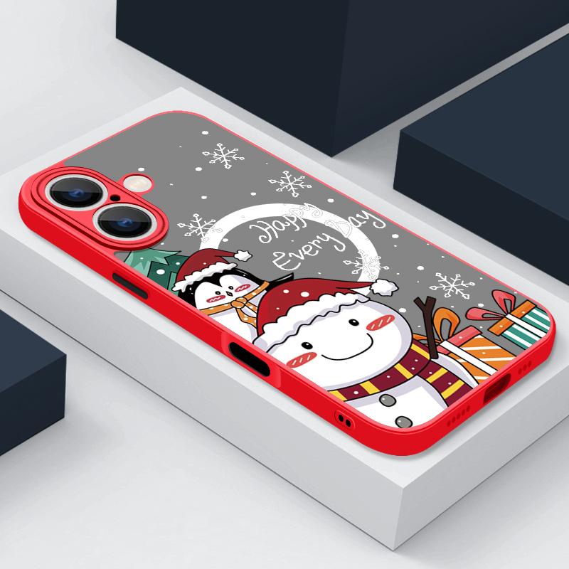 

Чехол для телефона Merry Christmas Tree Snowman Print для iPhone 16 15 Pro Max 14 13 Pro 12 11 8 7 для MagSafe Magnetic Shockproof Soft Edge Clear Matte Cover iPhone 15 Pro Max красный