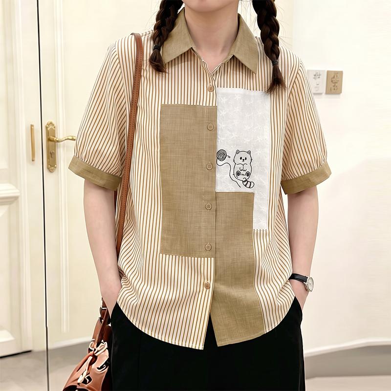 ZANZEA Women Casual Turn Down Collar Loose Short Sleeve Stripe Blouse