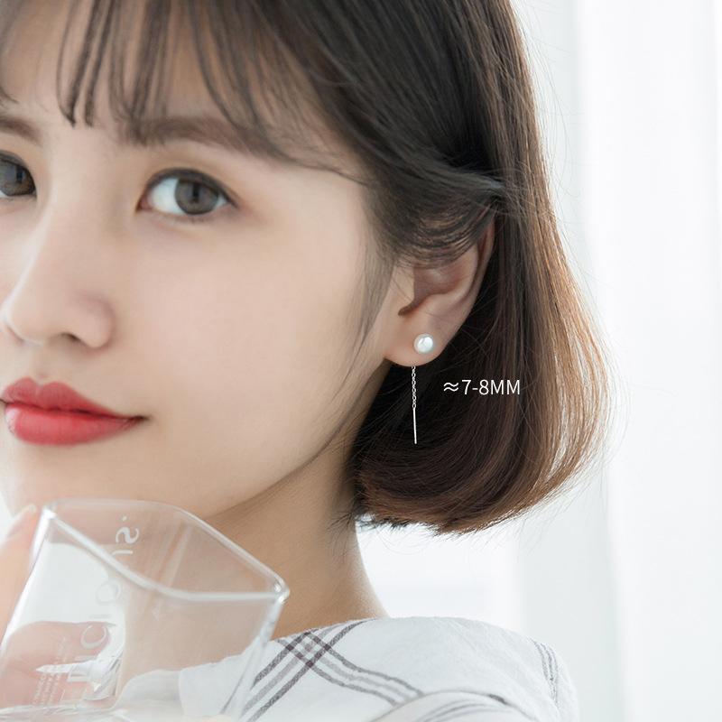 925 Sterling Silver Trendy Elegant Round Pearl Long Chain Tassel Dangle Earrings for Women Girls Party Fine Jewelry