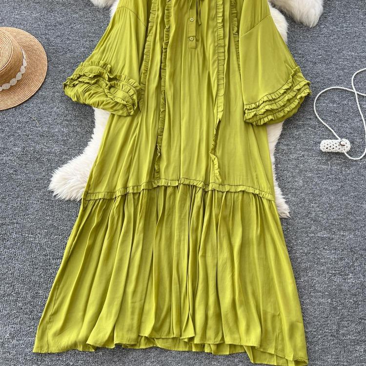 Lanterna Vintage Allacciatura Ruffle Vestito Maniche Lunghe Elegante Ampio Scollo O Moda Coreana High Street Abbigliamento Donna